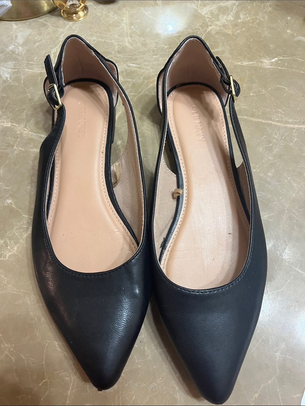 Old Navy Black Pointed Slingback Flats with Gold Buckles
